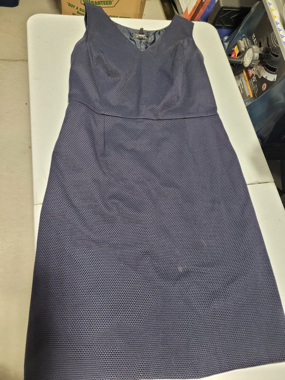 V-Neck Textured Navy Midi Dress